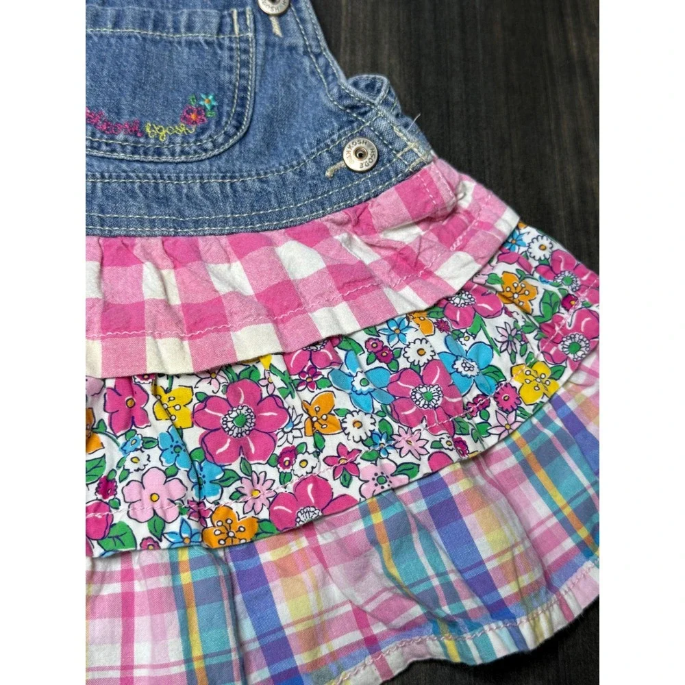 OshKosh Bgosh Denim Dress Floral‎ Plaid Ruffle Overalls Outfit 18 Months